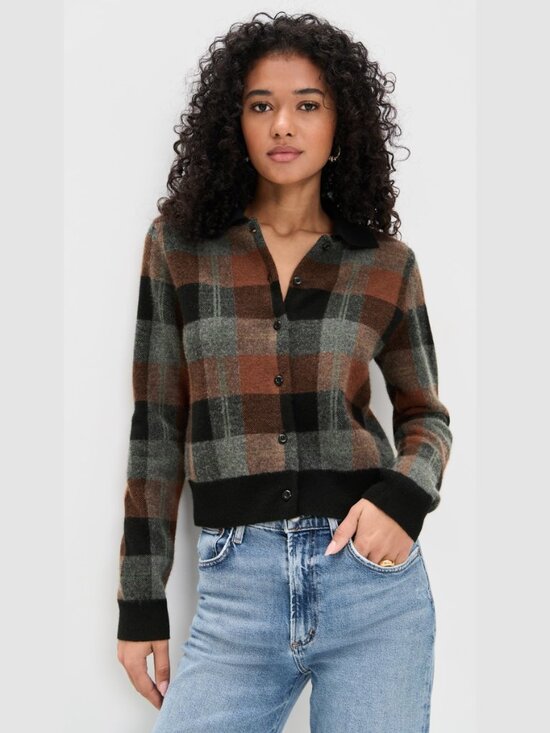 Vince Sweaters - Vince Checked Plaid Cashmere Polo Cardigan Cacao Brown Black Button Front